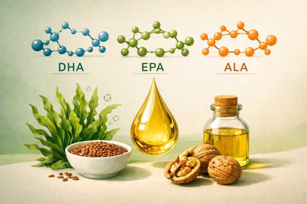 difference between DHA EPA and ALA in vegan omega-3 sources explained