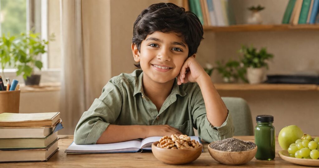 Best omega 3 supplement for kids in India — child studying with vegan DHA