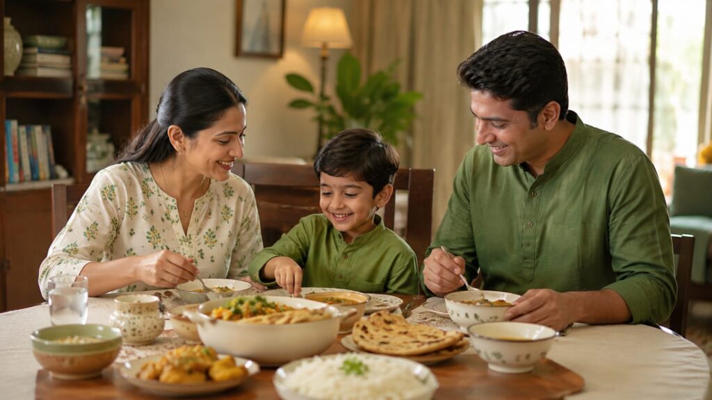 Indian vegetarian family sitting together at dining table with home-cooked meal — DHA deficiency in Indian vegetarians and vegans