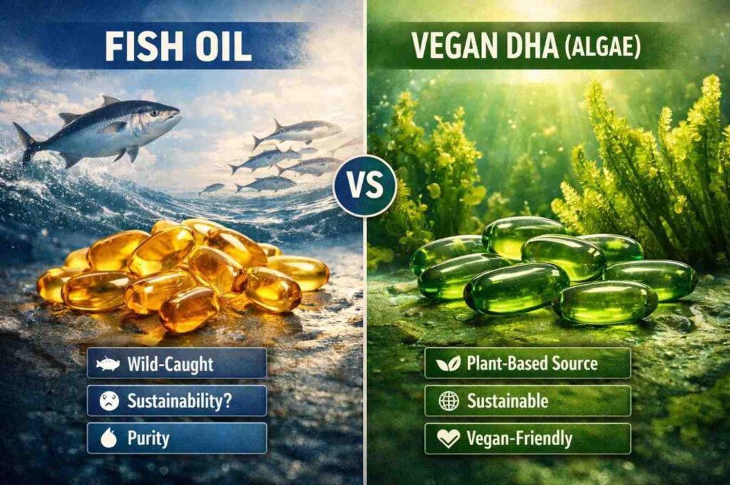 Fish oil vs vegan DHA from algae comparison showing plant-based omega-3 source, sustainability, and vegan-friendly benefits.