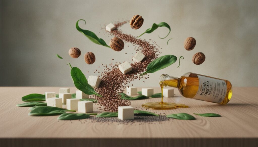 vegetarian omega 3 foods in india with flaxseeds chia seeds walnuts tofu spinach and mustard oil on wooden table