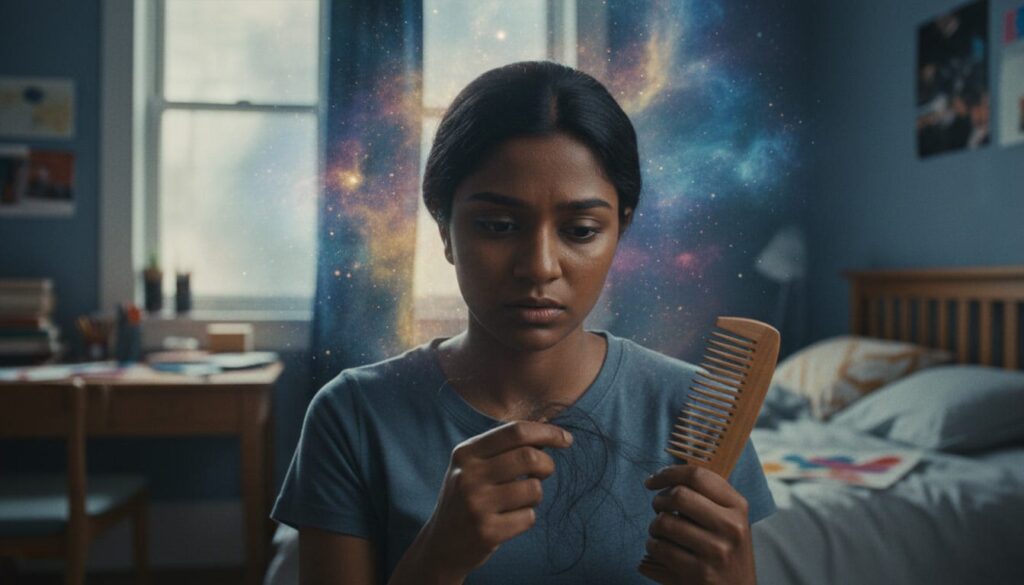 person experiencing hair fall while combing hair at home