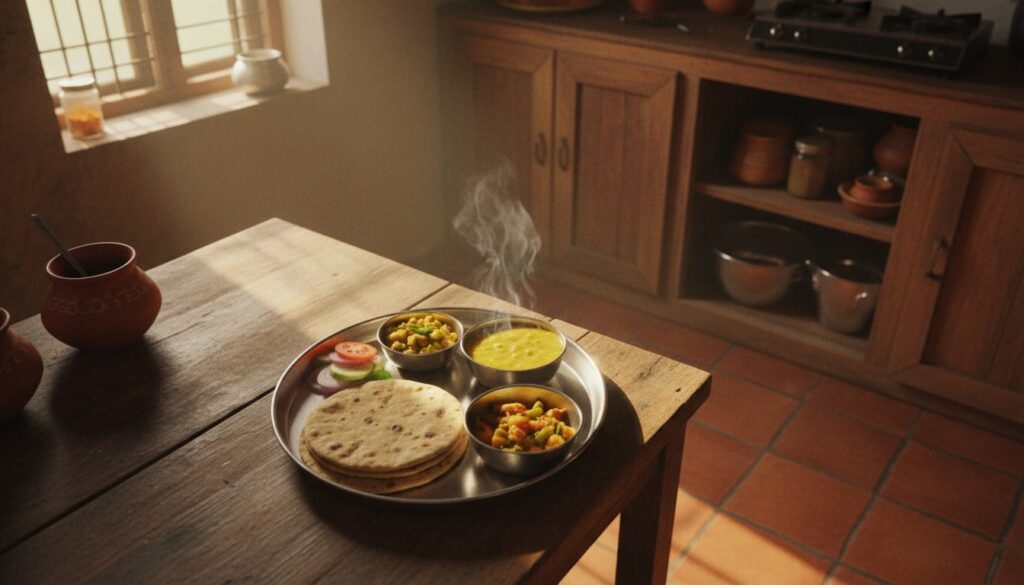 typical Indian diet meal with roti dal sabzi showing everyday nutrition