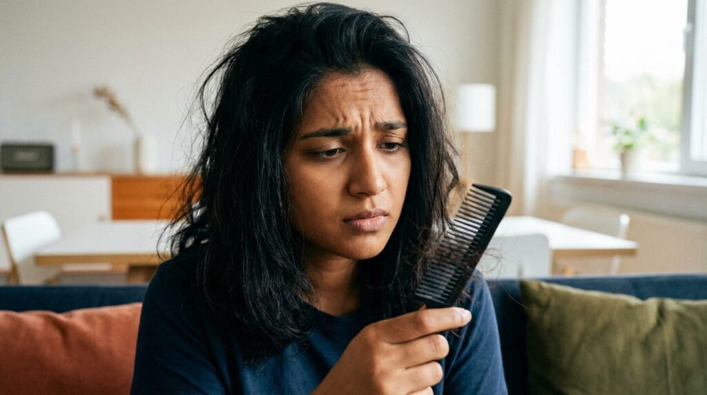 best vegan omega 3 for hair loss in India showing hair fall problem and scalp health concern