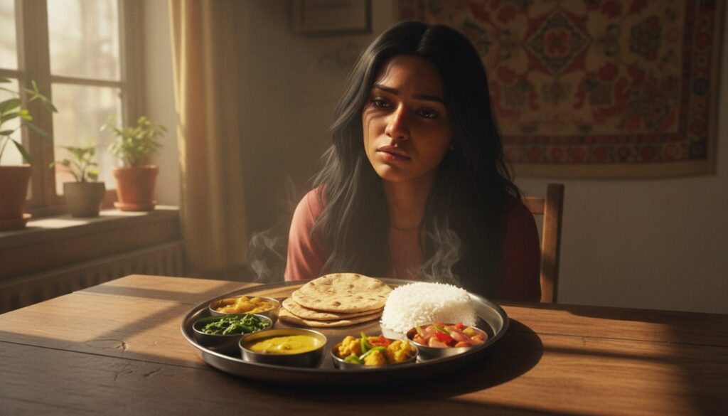 Indian vegan woman feeling tired after eating dal, rice, and roti, showing low energy due to low fat intake