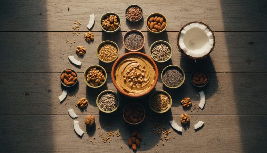 Top view of Indian plant-based healthy fats: almonds, walnuts, chia seeds, flax seeds, sunflower seeds, coconut, and peanut butter on a wooden table