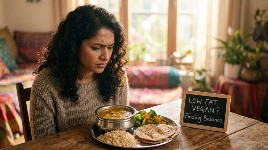Indian woman looking concerned over her low fat vegan diet problems while eating dal, rice, and vegetables, highlighting the need for healthy fats