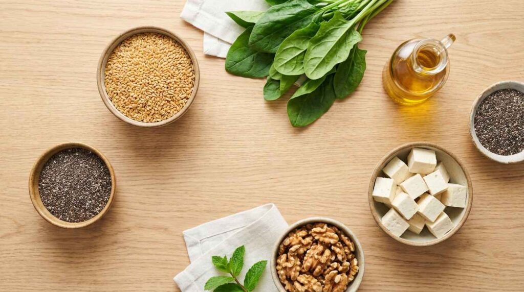 vegetarian omega 3 foods in india including flaxseeds chia seeds walnuts tofu and spinach