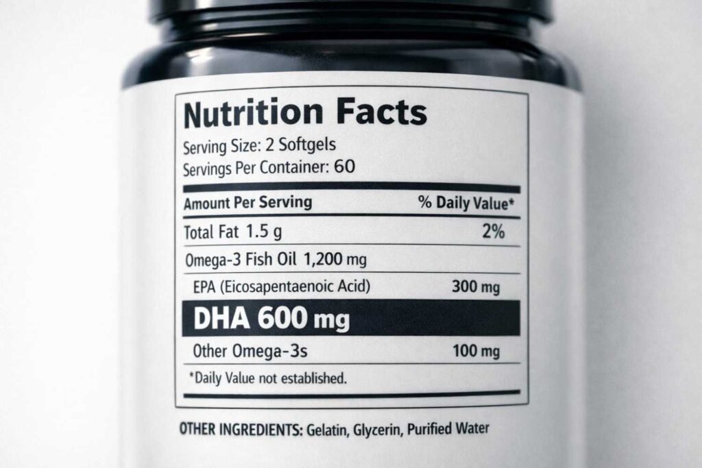 DHA content clearly shown on algal oil supplement label
