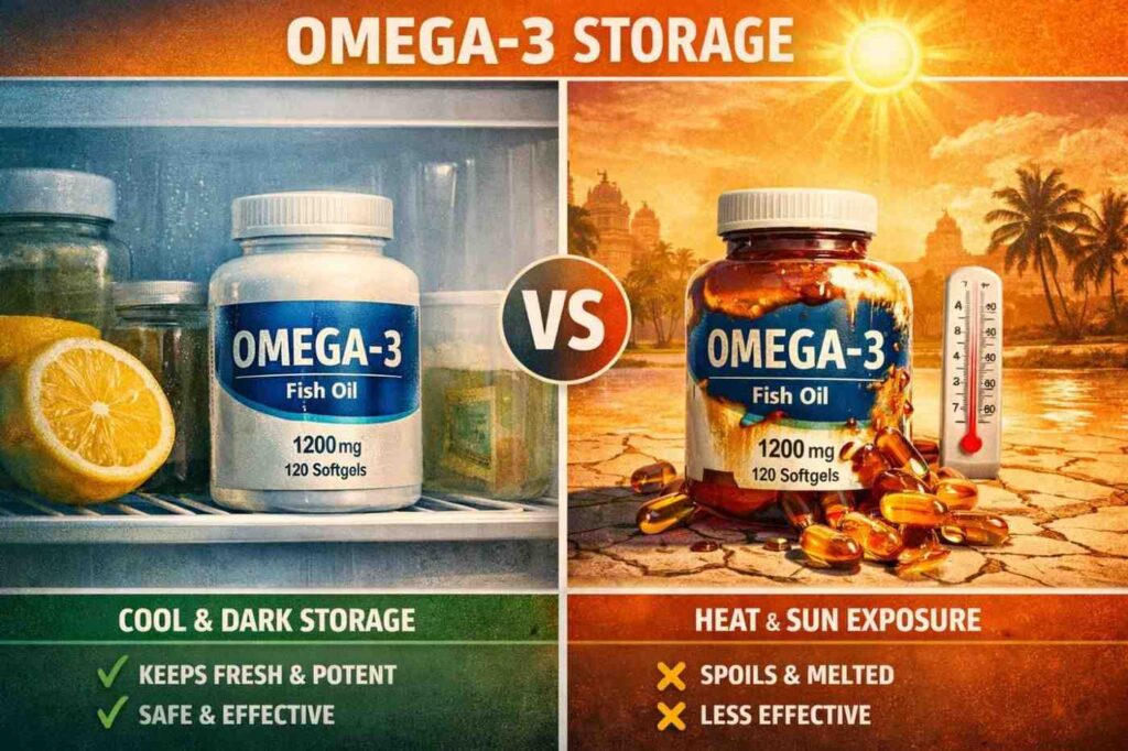 omega 3 supplement heat exposure India storage issue algal oil stability
