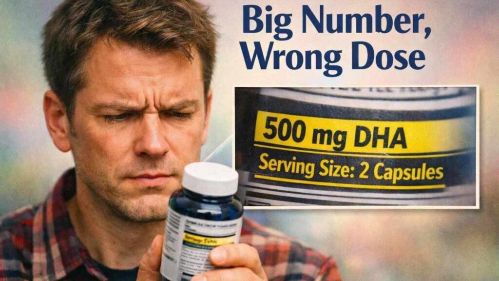 DHA per capsule vs per serving explained through supplement label showing 500 mg DHA and serving size confusion