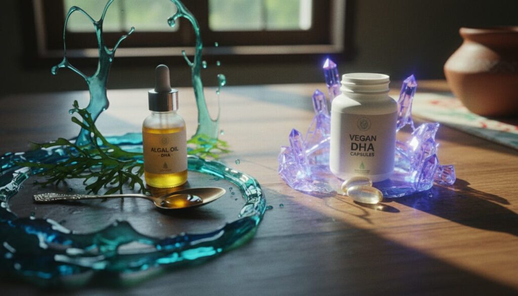 Liquid vs capsule vegan DHA in India comparison showing algal oil bottle and capsules side by side