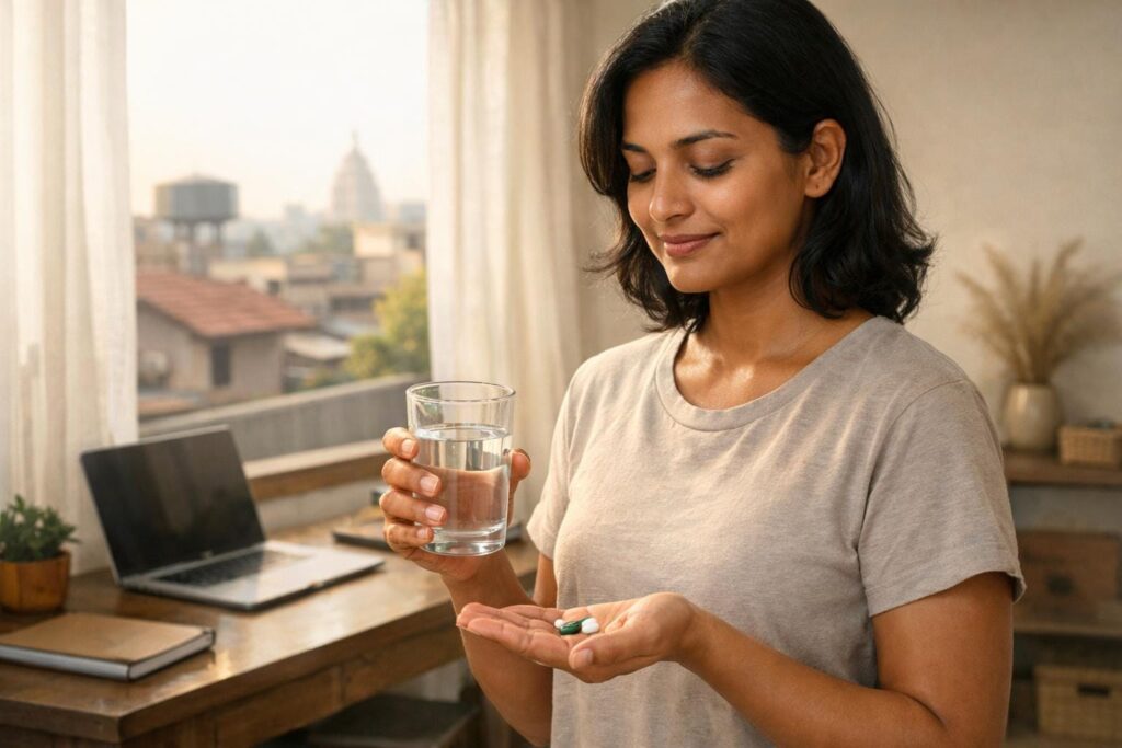 Taking vegan DHA capsules with water during morning routine at work desk