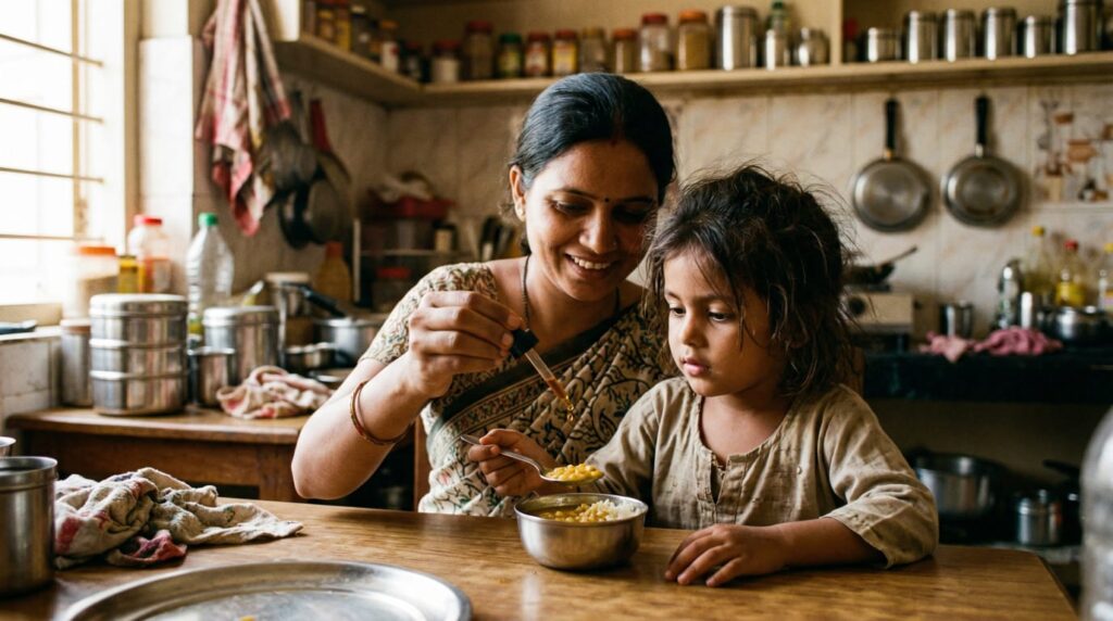 Parent giving liquid vegan DHA to child in Indian home kitchen setting