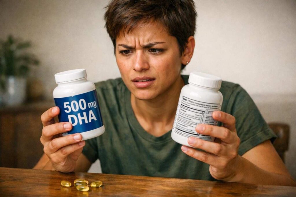 Person comparing two DHA supplement bottles and feeling confused about label information