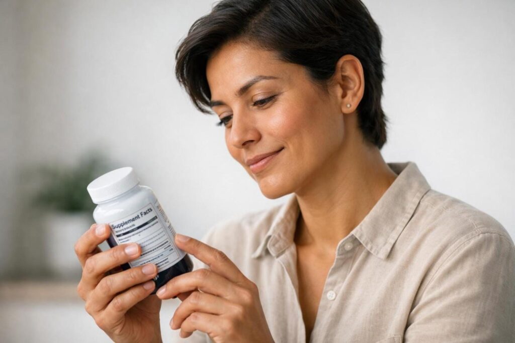 Person checking DHA supplement label carefully before buying to understand per capsule dose
