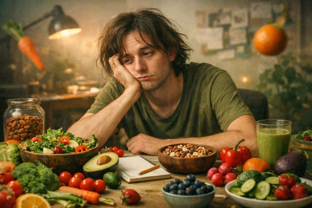 vegetarian person feeling fatigue and brain fog despite healthy diet