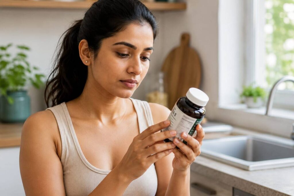Indian woman checking vegan omega 3 supplement label before buying