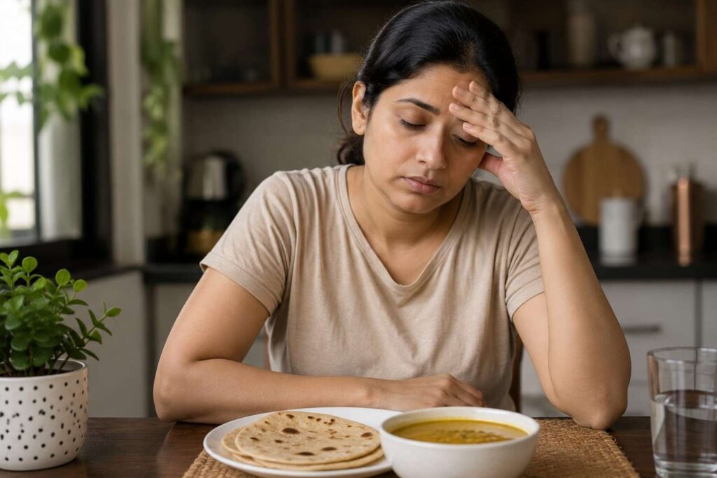Indian woman with hormonal fatigue due to omega 3 deficiency