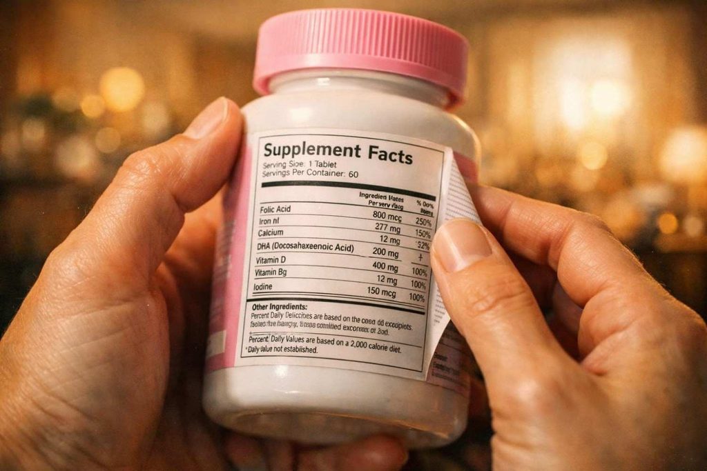 Checking prenatal multivitamin label to see if it contains DHA 