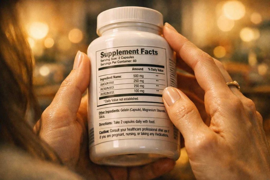 Checking vegan DHA supplement label for side effect and dosage information during pregnancy 