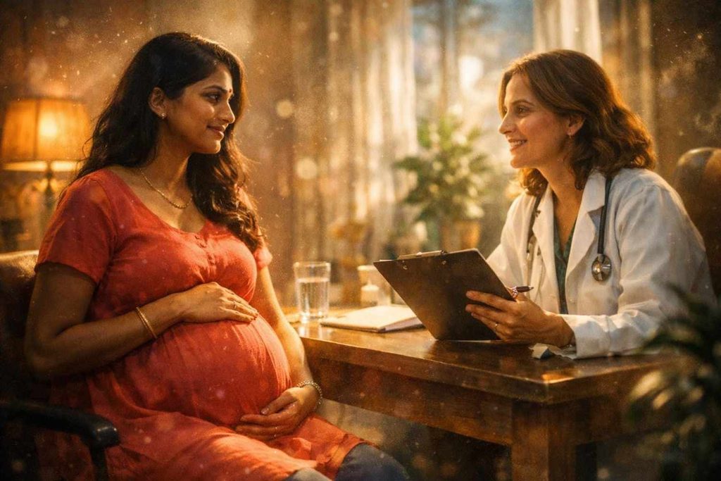 Pregnant woman discussing vegan DHA side effects with her doctor during a prenatal visit