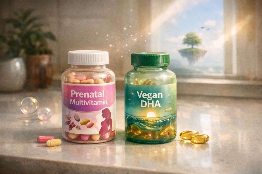 Vegan DHA capsule and prenatal multivitamin bottle placed together during pregnancy 