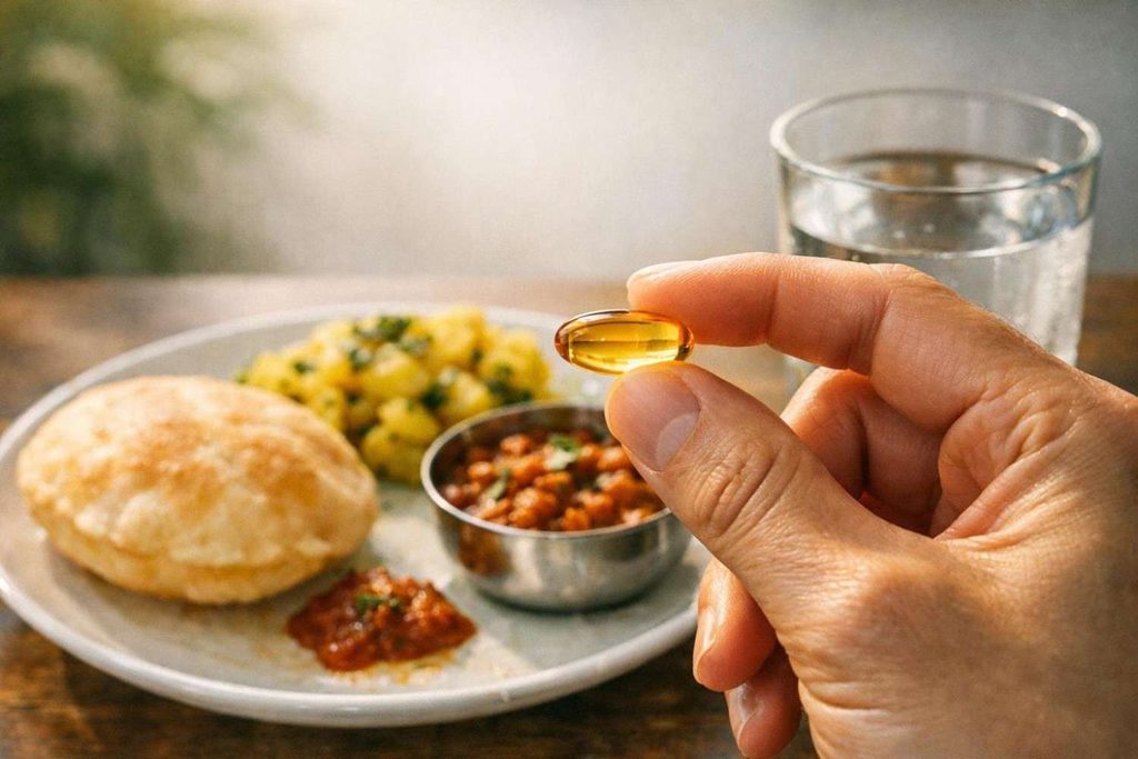 Taking vegan DHA capsule with food to reduce pregnancy side effects like nausea 