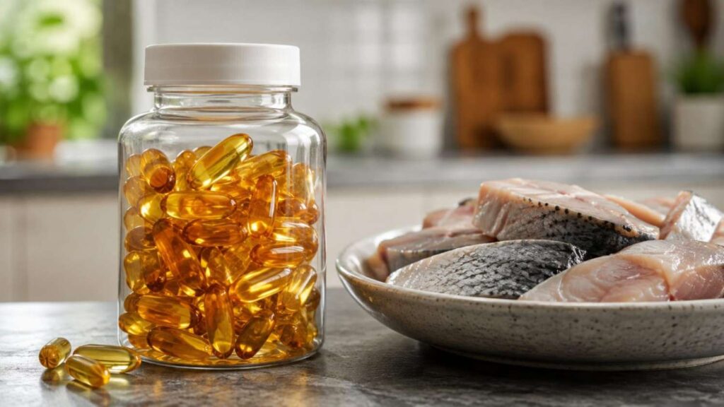 Is fish oil vegetarian or vegan — fish oil capsules next to fresh fish