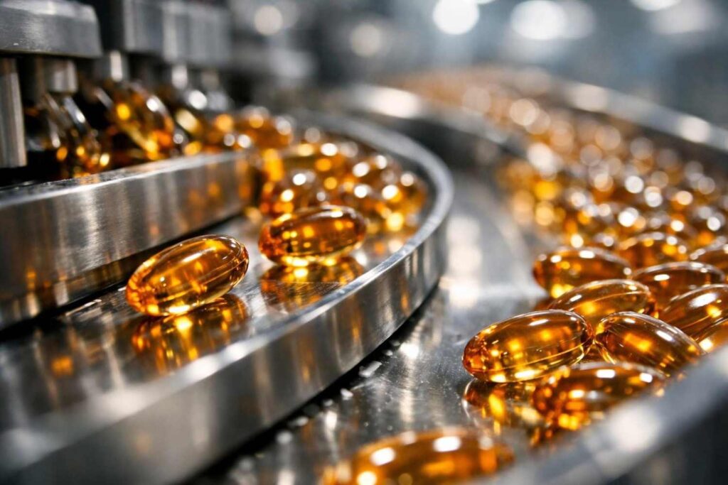 Softgel encapsulation stage showing how fish oil capsules are made