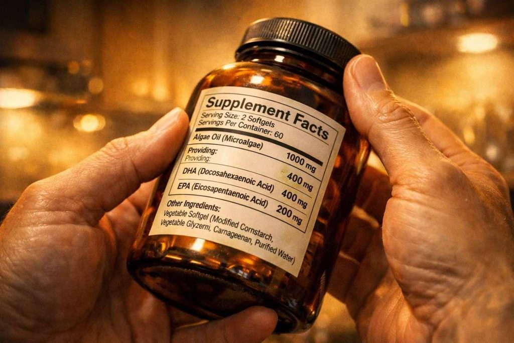 Checking DHA and EPA content on a vegan omega 3 label before buying in India