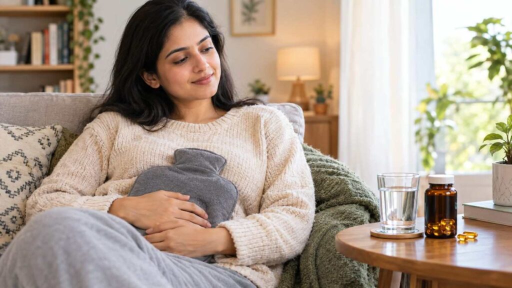 Vegan omega 3 for period pain in India — supplement bottle beside a hot water bag