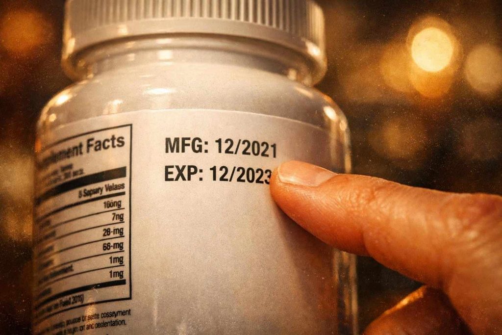 Checking manufacturing and expiry dates on a vegan omega 3 supplement bottle