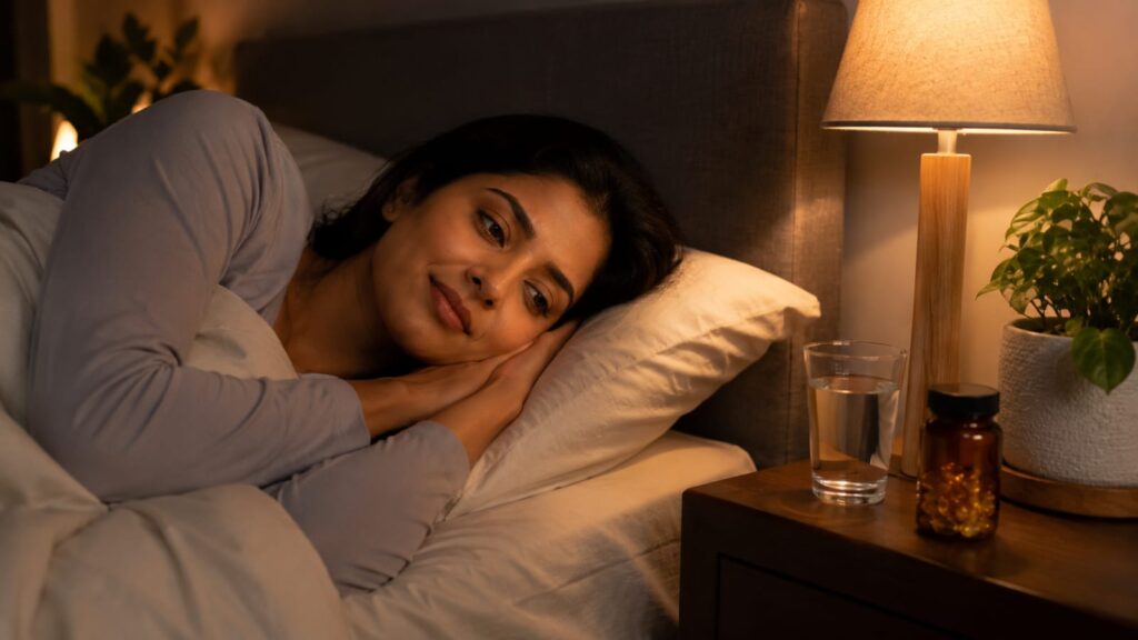 Best vegan omega 3 for sleep in India — supplement bottle on a nightstand